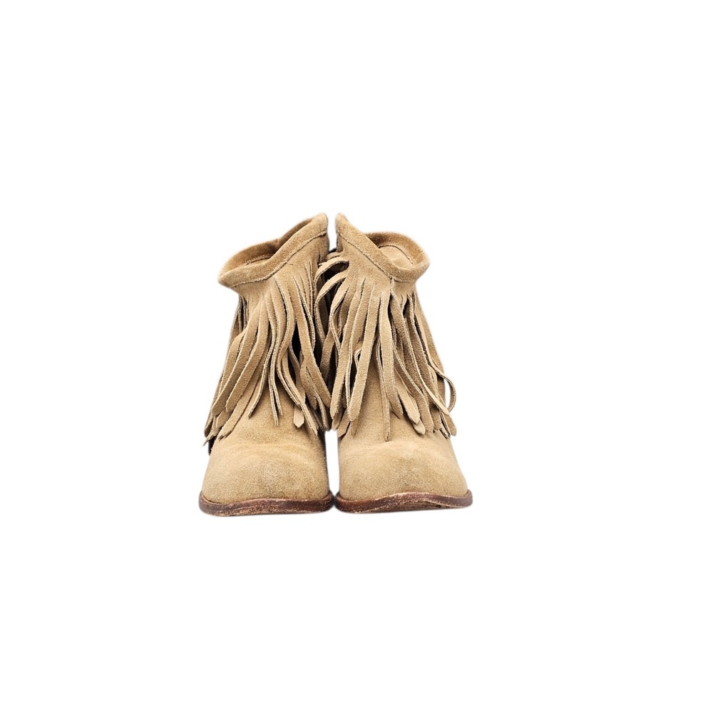 FRYE Womens Size 6.5 US EUC Llana Tan Suede Heeled Pull On Fringe Ankle Booties - Picture 2 of 8
